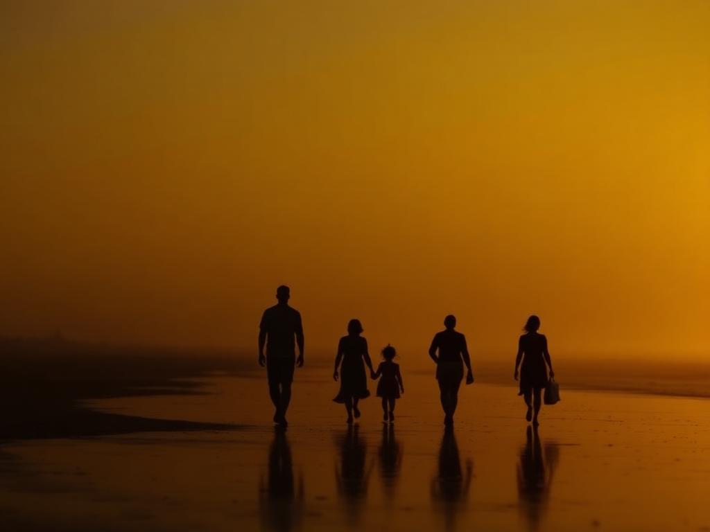 夕暮れの海辺を歩く家族